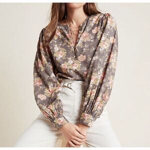 Anthropologie Top Sz S Cottagecore Puff Sleeve Metallic Swiss Dot Floral Prairie